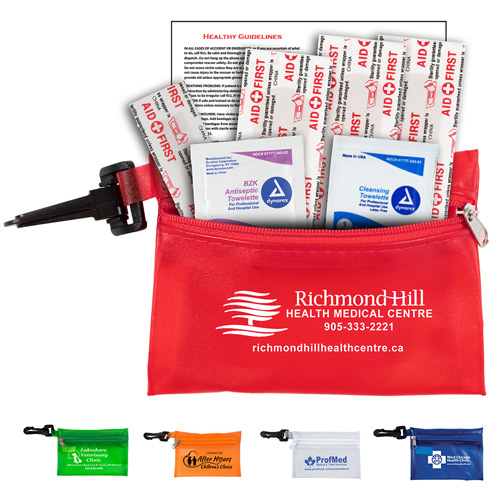 “Parkway” 7 Piece First Aid Kit  Components inserted into Translucent Zipper Pouch with Plastic Carabiner Attachment